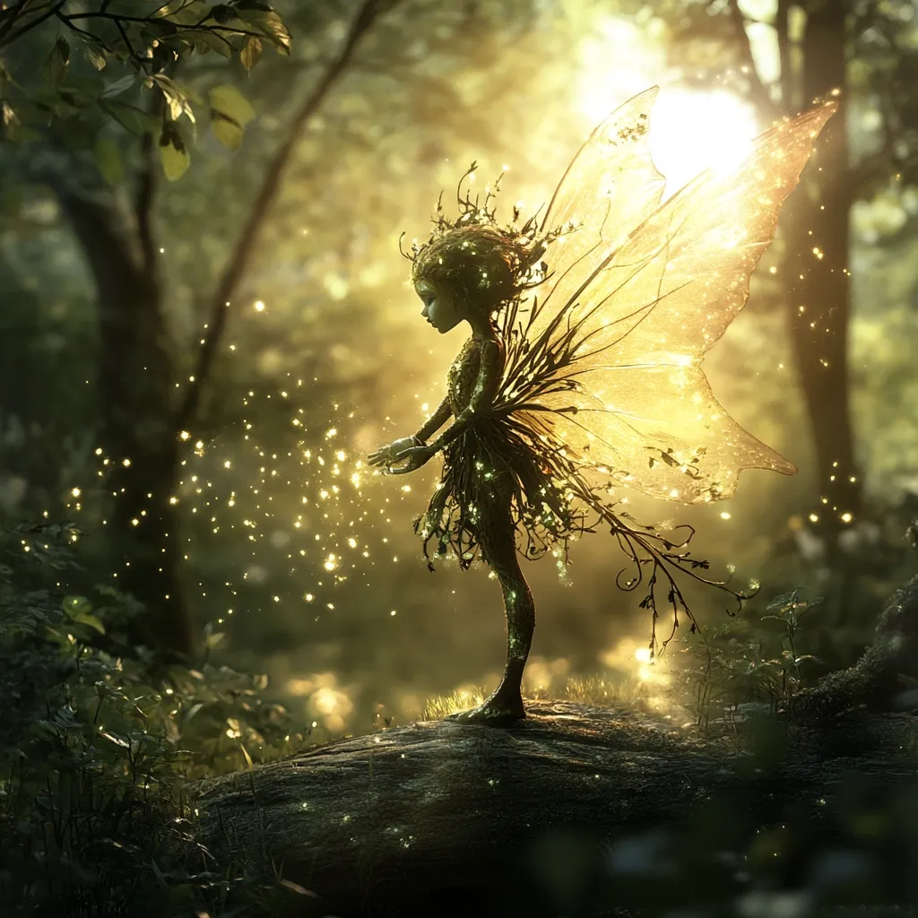 A delicate fairy, crafted from nature's elements, stands on a mossy rock in a sun-dappled forest.  Her wings, translucent and golden, shimmer with an ethereal glow.  She gently releases a shower of sparkling dust, creating a magical atmosphere.  The scene is imbued with a sense of wonder and enchantment, evoking the timeless beauty of the natural world.