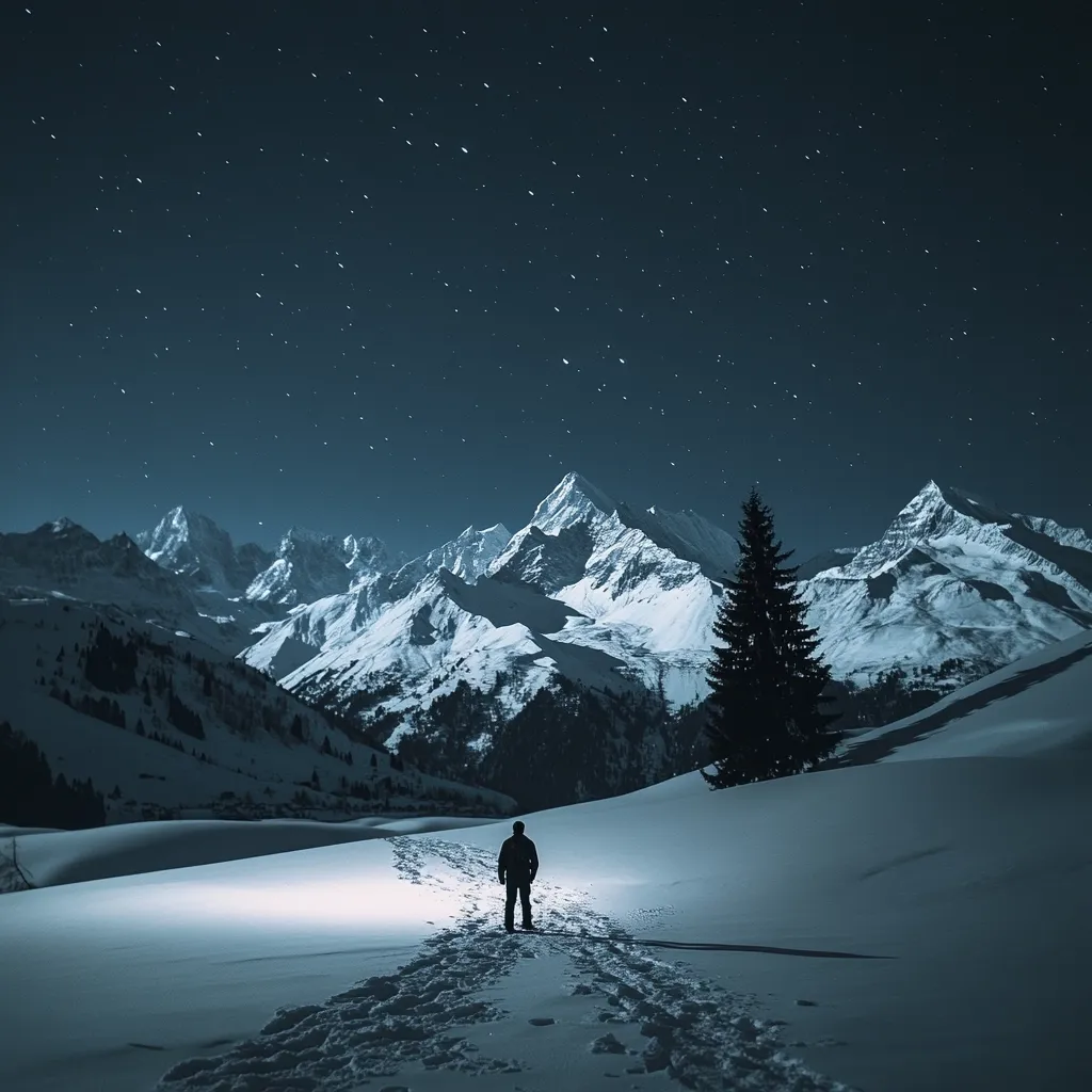 A lone figure stands on a snow-covered path, gazing at a majestic, snow-capped mountain range under a starlit night sky.  The scene is serene and vast, emphasizing the smallness of the human against the grandeur of nature.  The mountains rise sharply into the dark blue sky, speckled with countless stars.  A single evergreen tree stands nearby, adding to the peaceful, winter wonderland atmosphere.
