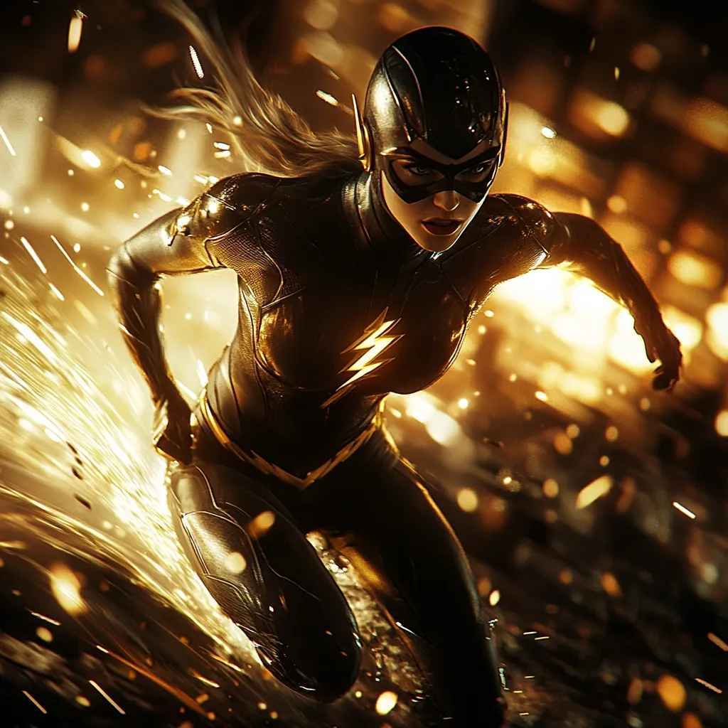 A female superhero, possibly the Flash, streaks through a city at incredible speed.  Her black and gold suit is sleek and aerodynamic, highlighted by sparks and fiery trails.  Her determined expression and powerful pose convey her strength and speed.  The background is a blur of warm city lights and golden energy, emphasizing the dynamism of the scene.