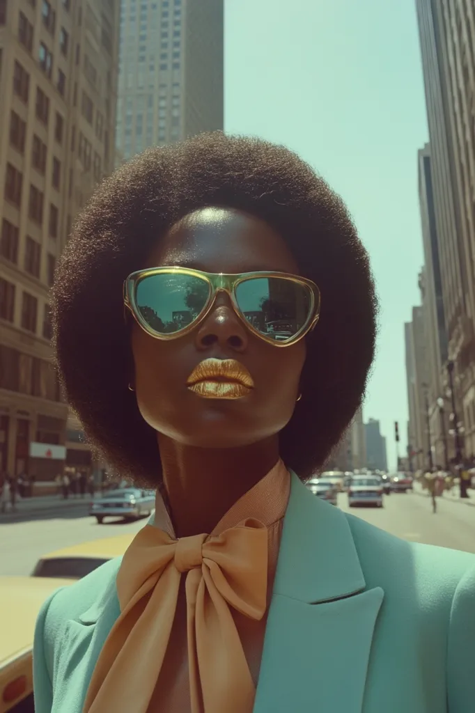 A Black woman with a large afro wears gold-rimmed sunglasses and gold lipstick. She's dressed in a teal blazer and a large peach bow tie. The backdrop is a vibrant city street, with tall buildings and classic cars visible. The image is reminiscent of 1970s fashion and urban life. The overall style is bold and striking.