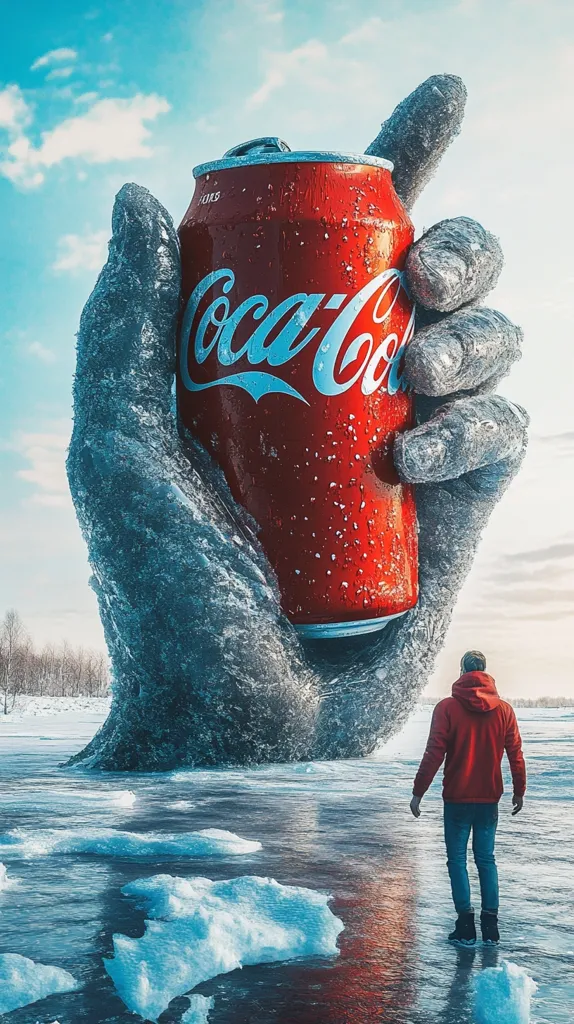 A giant, icy hand holds a Coca-Cola can in a surreal winter landscape.  The hand emerges from a frozen body of water, dwarfing a lone figure in a red hoodie who observes the scene from a distance.  The contrast between the cold, frozen hand and the warm, red can creates a striking visual.  The overall image evokes a sense of wonder and scale.