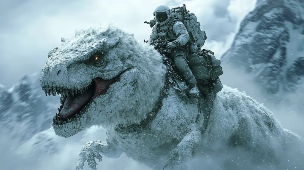 An astronaut in a spacesuit rides a snow-covered Tyrannosaurus Rex through a blizzard-swept mountainous landscape.  The dinosaur is heavily coated in snow and ice, its teeth bared slightly. The astronaut appears to be navigating the treacherous terrain, the scene evoking a surreal and adventurous atmosphere.  The background features imposing snow-covered peaks.
