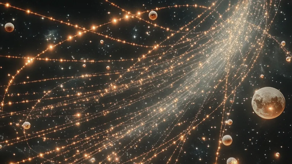 A mesmerizing cosmic scene unfolds, showcasing numerous celestial bodies interspersed with glowing, ethereal strands resembling strings of lights.  Planets of varying sizes are scattered across the dark expanse, while a galaxy's faint glow provides a backdrop. The golden luminosity creates a dreamlike, almost magical atmosphere within the vastness of space.
