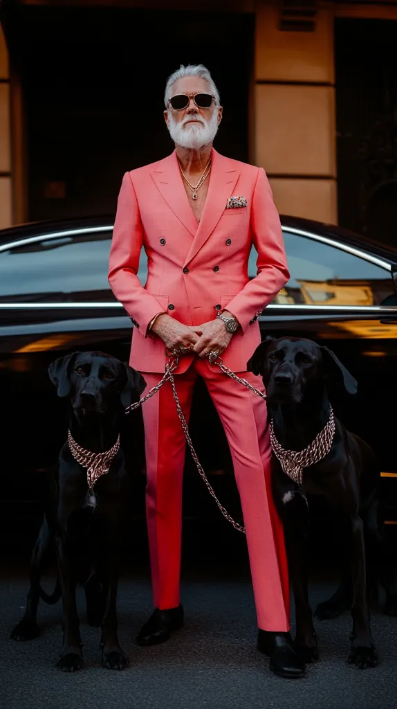 A stylish older man with gray hair and a beard wears a vibrant pink double-breasted suit and sunglasses. He stands confidently, holding the leashes of two large black dogs.  The scene is set against a black car parked in front of a building. The man's attire and accessories project an image of sophisticated elegance.