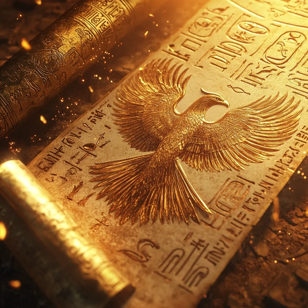 A close-up reveals an ancient, golden artifact.  Intricate hieroglyphs adorn a stone tablet, centrally featuring a golden embossed hawk, possibly representing Horus.  A partially visible, similarly inscribed scroll lies beside it, suggesting a sacred text or royal decree.  The scene is bathed in warm, golden light, enhancing the antiquity and richness of the materials.  Dust motes dance in the ambient light, evoking a sense of discovery.