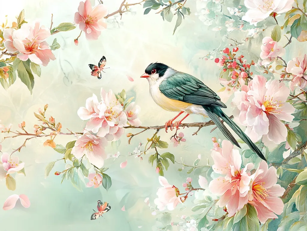 A delicate painting depicts a teal and yellow bird perched on a blossoming branch.  Pale pink flowers, rendered in soft watercolor style, surround the bird.  Two small butterflies flutter nearby, adding to the serene and romantic atmosphere.  The overall palette is light and airy, creating a peaceful and beautiful scene.