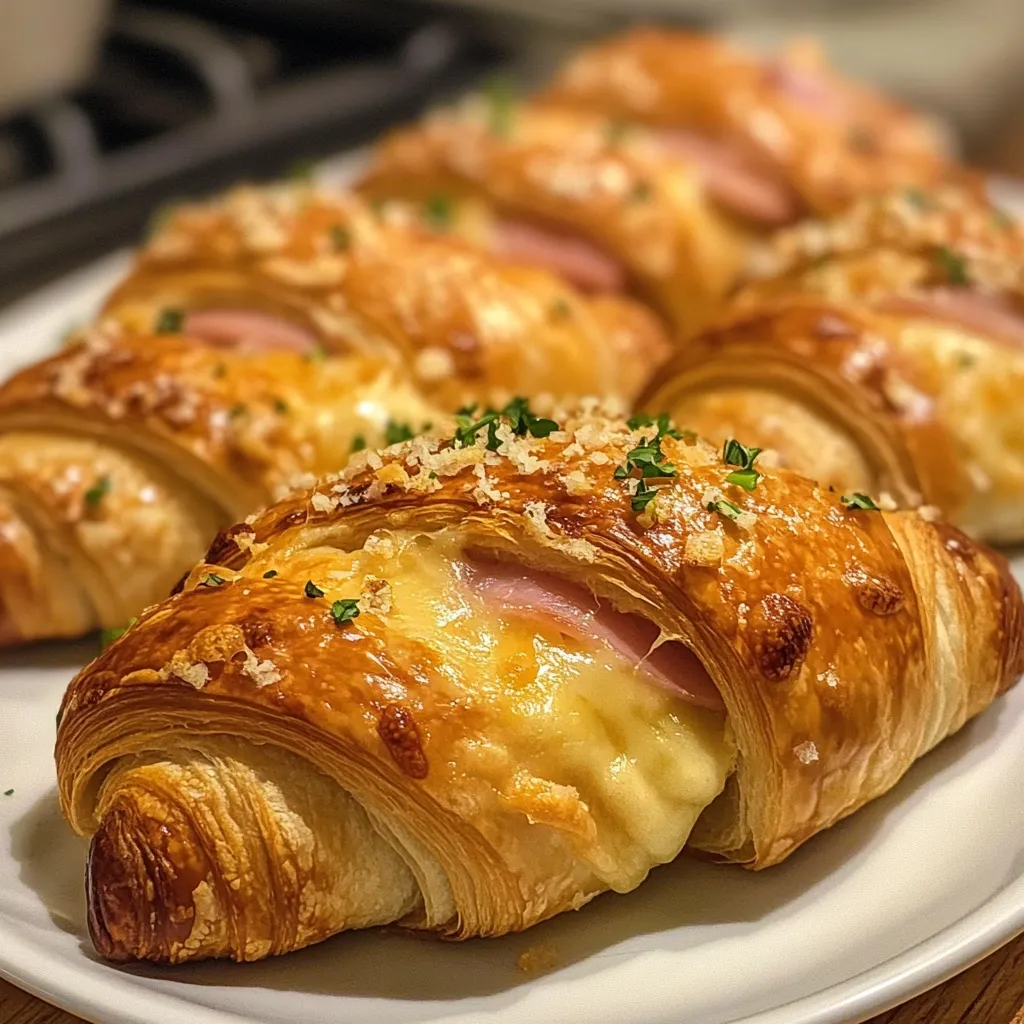 A close-up shot showcases several golden-brown croissants, generously filled with melted cheese and ham.  The croissants are sprinkled with herbs and a light breadcrumb topping, indicating a savory, possibly baked, preparation.  They are arranged on a white plate, suggesting a delicious and appetizing breakfast or brunch item. The image emphasizes the flaky texture and rich filling of the pastries.