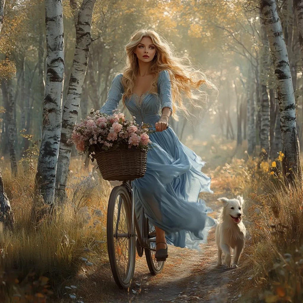 A blonde woman in a flowing light blue dress rides a vintage bicycle down a sun-dappled path through a birch forest.  A wicker basket overflowing with pink flowers adorns the handlebars.  A small white dog trots happily beside her, adding to the idyllic, fairytale-like scene.  The soft light and muted colors create a serene and romantic atmosphere.