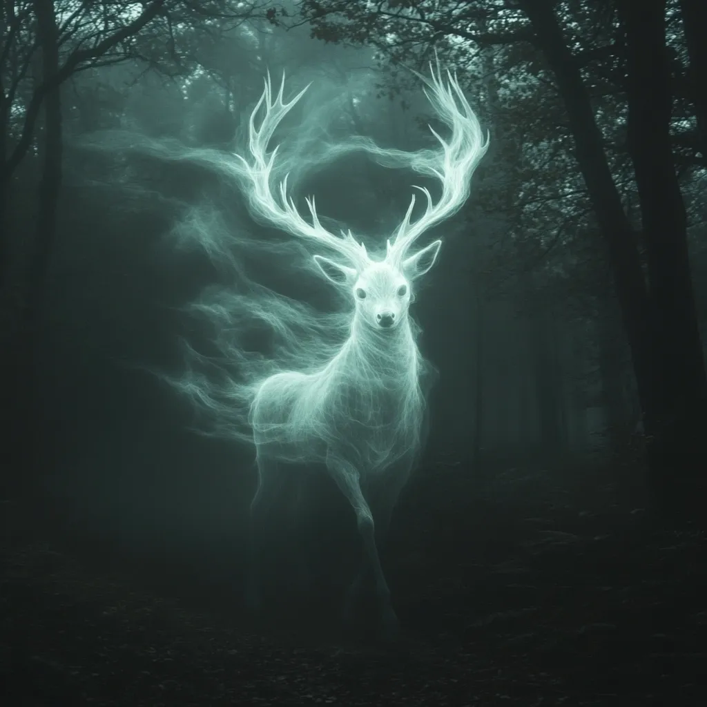 A spectral white stag, ethereal and luminous, stands in a dark, misty forest.  Its antlers are large and majestic, its form shimmering with otherworldly light.  The fog hangs heavy in the air, creating a mystical and enchanting atmosphere. The deer appears to be walking towards the viewer, its gaze steady and captivating. The overall image evokes a sense of magic and mystery.