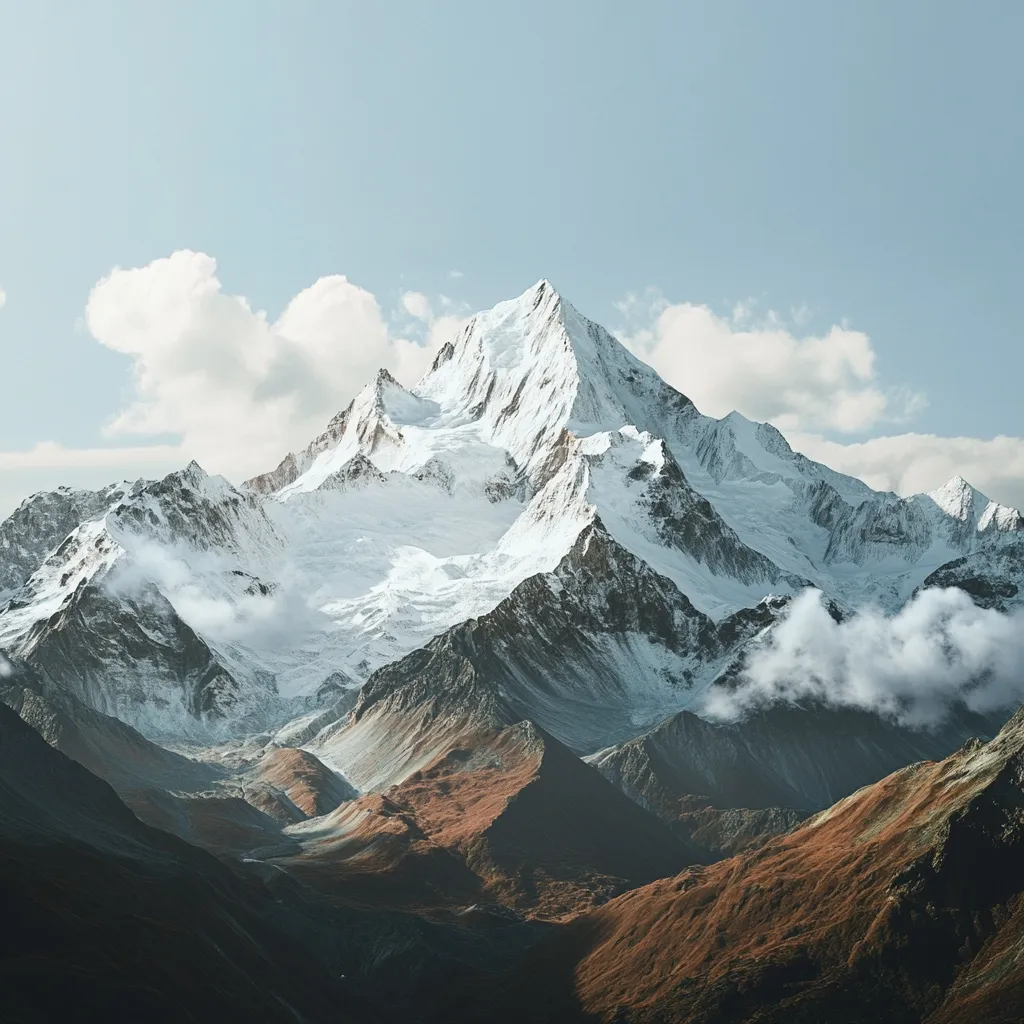 A majestic snow-capped mountain peak dominates the landscape, its summit piercing a clear sky.  Lower slopes reveal a blend of snow, rock, and autumnal hues, with wisps of cloud clinging to the mountainsides. The scene evokes a sense of grandeur and pristine wilderness, showcasing the beauty of a high-altitude mountain range.