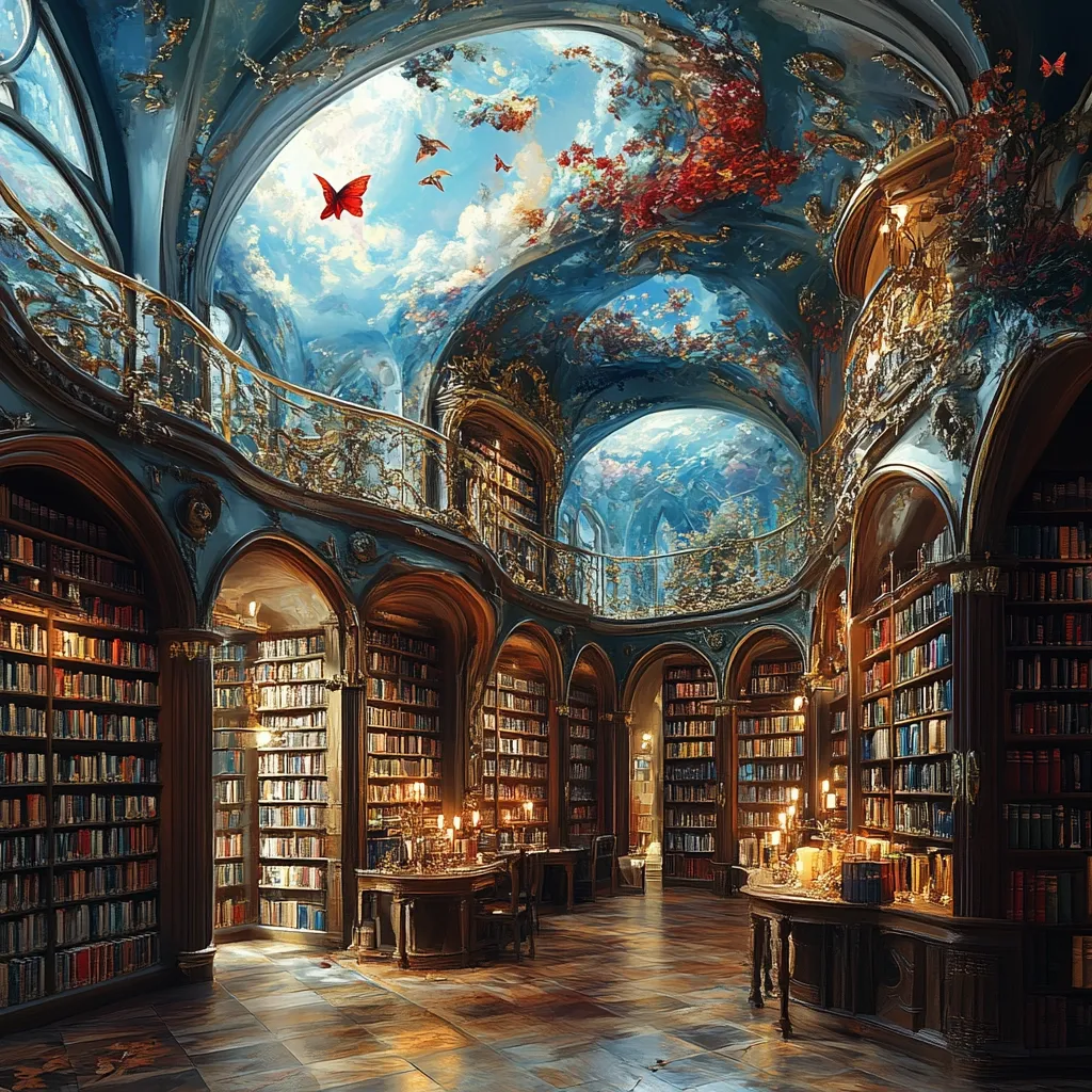 A breathtaking circular library is depicted, its walls lined with towering bookshelves filled with countless volumes.  The ornate, blue-toned ceiling is a masterpiece of artistry, depicting a fantastical sky with floating butterflies.  Gilt detailing and arched doorways add to the grandeur of this enchanting space, creating an atmosphere of magic and learning.  Candles illuminate the dark wood furniture, casting a warm glow on the scene.