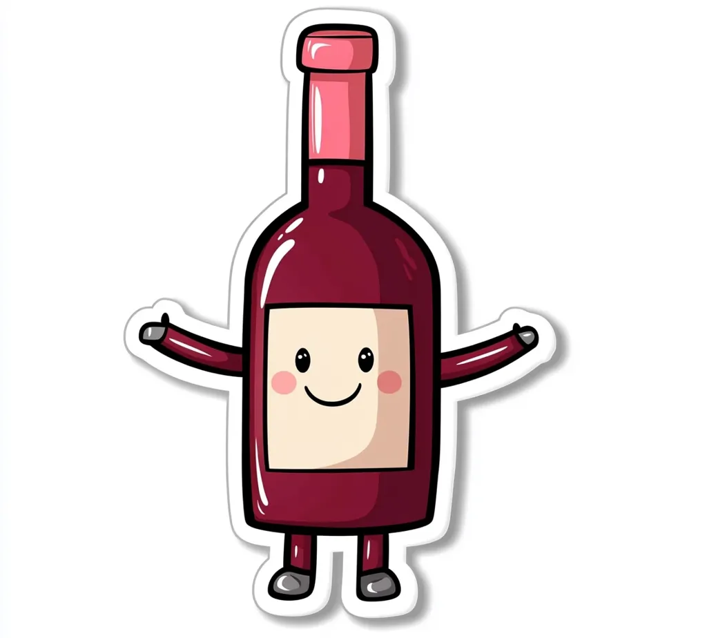 A cartoon illustration of a red wine bottle as a friendly character.  The bottle has small arms and legs, a smiling face, and rosy cheeks. It's presented as a sticker with a white border, and its welcoming pose suggests a playful and approachable design, perfect for wine-related products or branding.