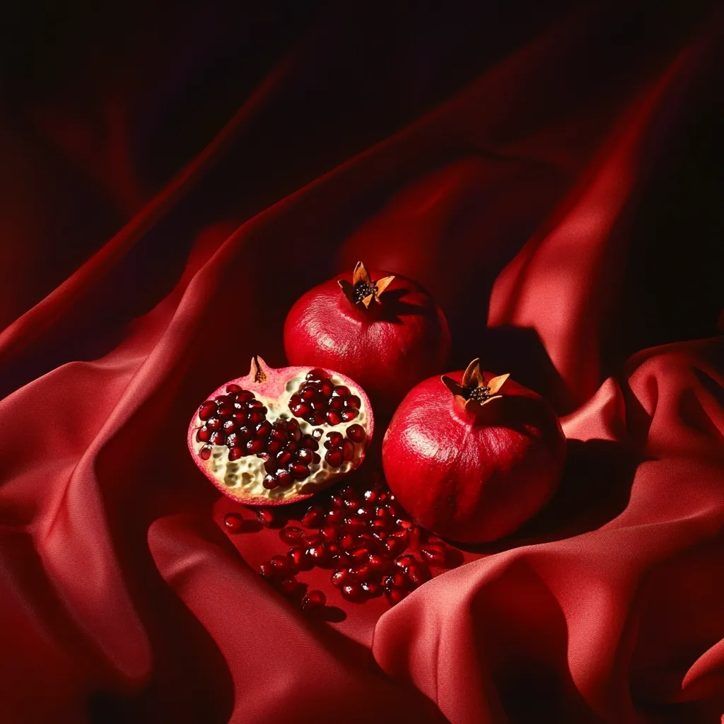 Two whole pomegranates and a halved pomegranate rest on a deep red satin fabric.  The rich jewel tones of the fruit and the fabric create a dramatic, luxurious still life.  Scattered pomegranate seeds accentuate the vibrant red hues. The lighting highlights the texture of both the fruit and the silk.