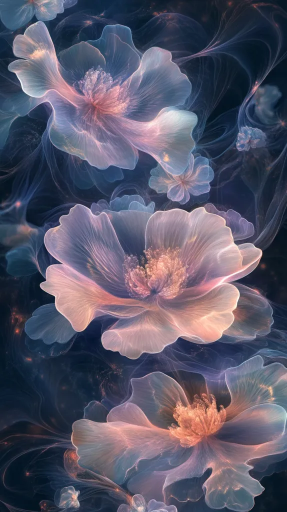 The image showcases a digital artwork featuring ethereal, luminous flowers.  Soft, pastel hues of pink and blue dominate, creating a dreamlike atmosphere.  The flowers appear translucent, with delicate, almost wispy petals.  They are set against a dark, swirling background that resembles smoke or nebulae, adding to the otherworldly feel of the piece.  The overall effect is one of serene beauty and magical fantasy.