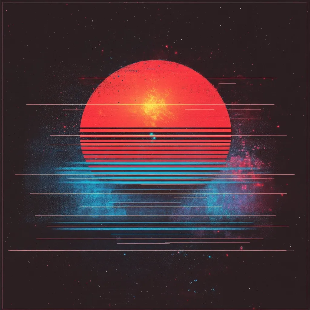 A stylized 80s-inspired digital art piece depicts a large, textured red sun setting over a horizon of teal and blue lines.  The background is a dark space speckled with stars and faint nebulae.  Horizontal glitches and streaks add a retro, vintage computer screen effect, creating a futuristic yet nostalgic atmosphere. The color palette is dominated by warm reds and cool blues, contrasting sharply against the dark backdrop.