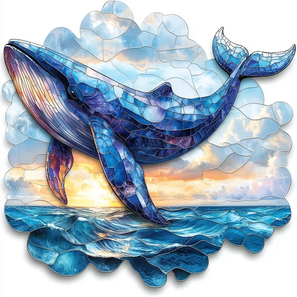 A stunning stained-glass style illustration depicts a humpback whale breaching the ocean's surface at sunset.  The whale's body, rendered in shades of blue and purple, contrasts beautifully with the vibrant orange and yellow hues of the sky.  The ocean waves below are equally detailed, creating a cohesive and captivating image.  The overall effect is one of serenity and majestic beauty.