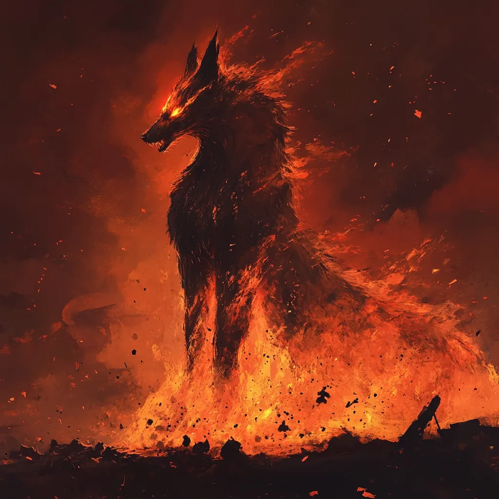 A fiery, demonic wolf-like creature stands amidst a landscape of burning embers and ash.  Its fur is consumed by flames, eyes glowing with intense orange light. The creature exudes power and destruction, a majestic yet terrifying image of infernal might.  The overall mood is dark and dramatic, emphasizing the creature's fiery presence.