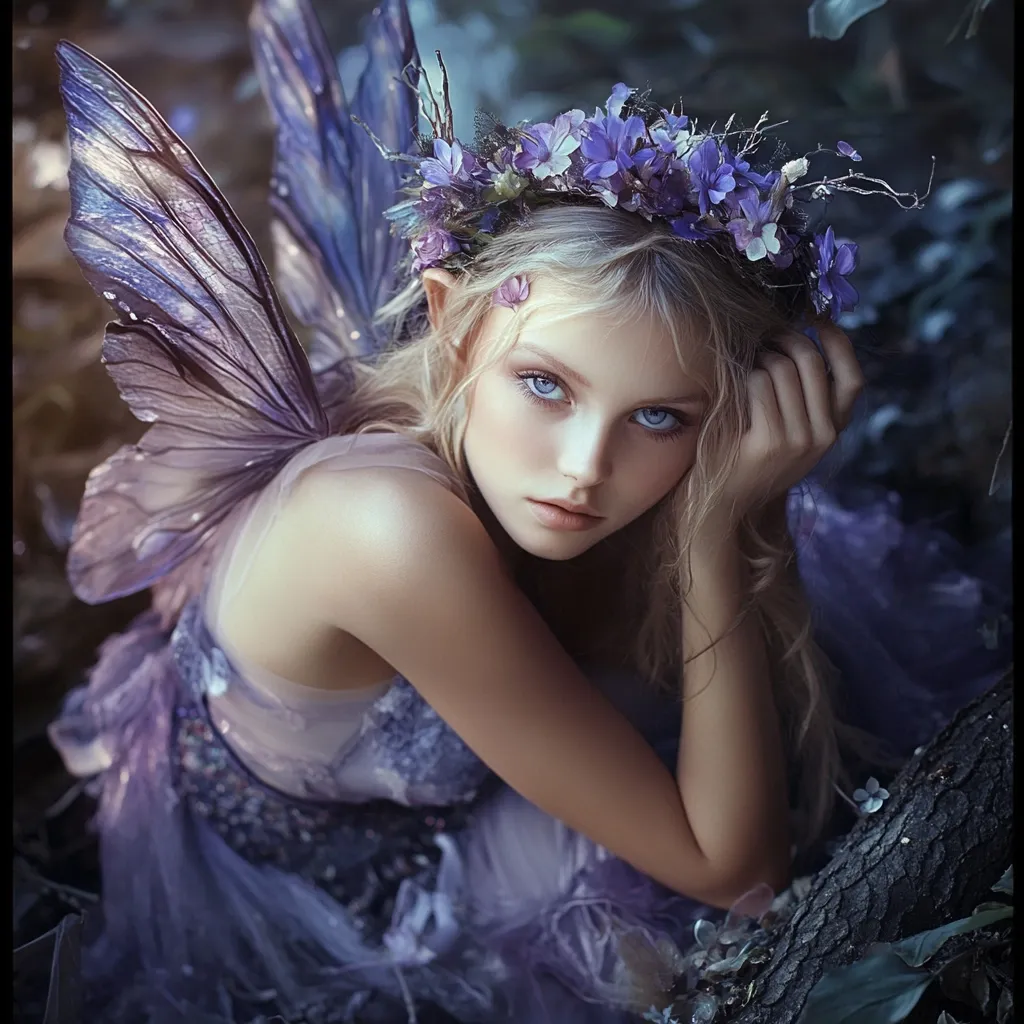 A young woman with ethereal beauty, resembling a fairy, is depicted.  She possesses large, striking blue eyes and long, blonde hair adorned with a delicate purple flower crown.  She wears a flowing lavender gown and large, iridescent butterfly wings.  The overall ambiance is mystical and enchanting, suggestive of a fantasy setting.  Her expression is serene yet captivating.