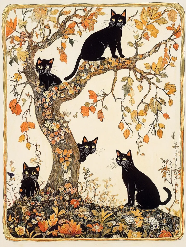 Four black cats are depicted in a charming autumnal scene.  One sits high in a flowering tree, two others are nestled amongst the branches and flowers, and a fourth sits at the base of the tree.  The artwork is detailed, showcasing vibrant autumn leaves and blossoms surrounding the cats, creating a whimsical and slightly spooky atmosphere.