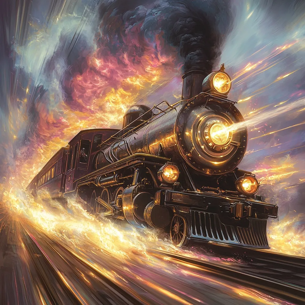 A majestic steam locomotive, gleaming with brass and gold accents, speeds through a vibrant, swirling sky.  Flames and light streaks trail behind it, blurring the landscape into a dynamic motion.  Dark clouds and fiery hues create a dramatic backdrop, enhancing the train's powerful presence and suggesting a journey of epic proportions. The scene is richly detailed, capturing the energy and wonder of travel.