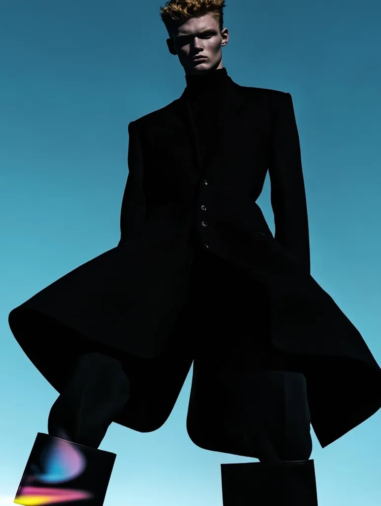 A low-angle shot captures a male model, striking a pose against a vibrant blue sky. He is clad in an all-black ensemble, featuring a long, oversized coat and high-necked top, paired with unique, colorful block-heeled boots. The model's fiery red hair adds a dramatic contrast to his dark attire, creating a striking visual effect. The overall image exudes a sense of high fashion and avant-garde style.