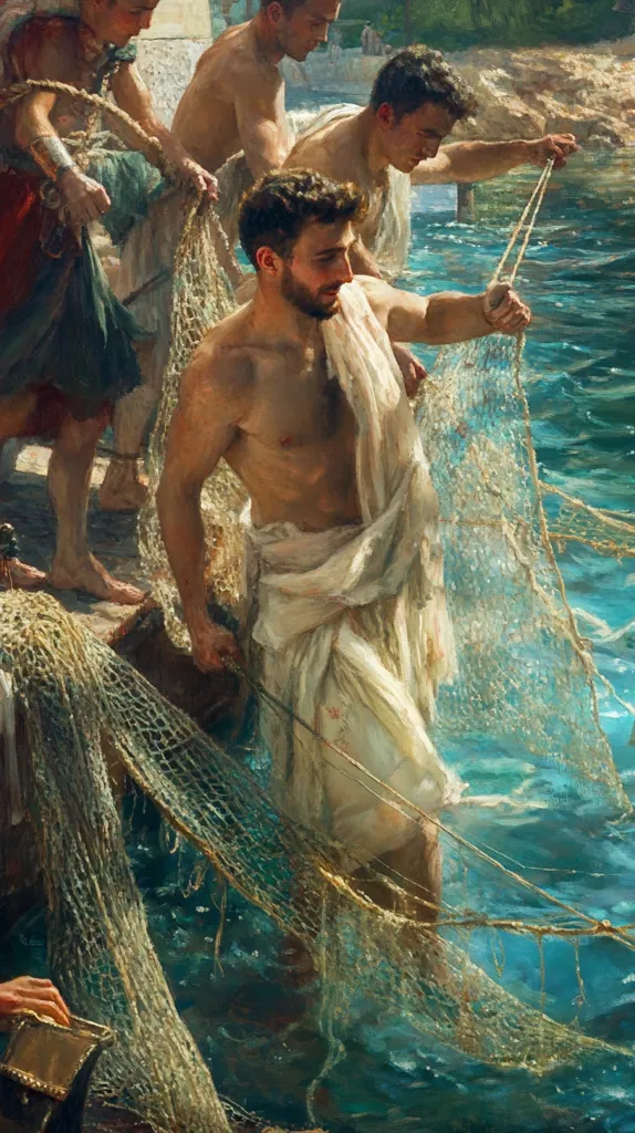 A painting depicting a group of muscular men hauling in fishing nets from a turquoise sea.  The central figure, a bare-chested man in a draped white garment, is prominently featured. Other men, some partially clothed, assist in the arduous task. The scene is vibrantly colored, capturing the sunlight and the movement of the water and nets. The overall impression is one of strength, teamwork, and the hard work of fishing.