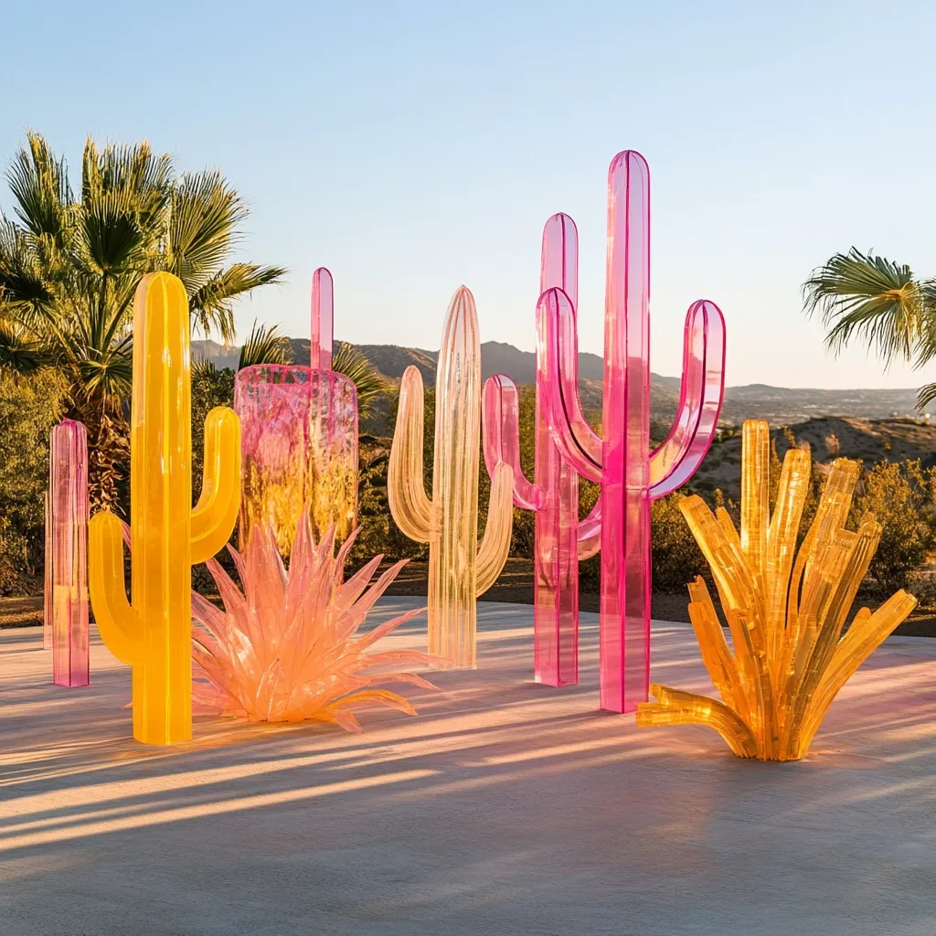 A collection of colorful, translucent acrylic cactus sculptures is displayed outdoors at sunset.  The cacti are in varying shades of pink, yellow, and orange, creating a vibrant, modern desert landscape.  Palm trees frame the scene in the background, enhancing the desert aesthetic. The sculptures cast long shadows on the light-colored ground.
