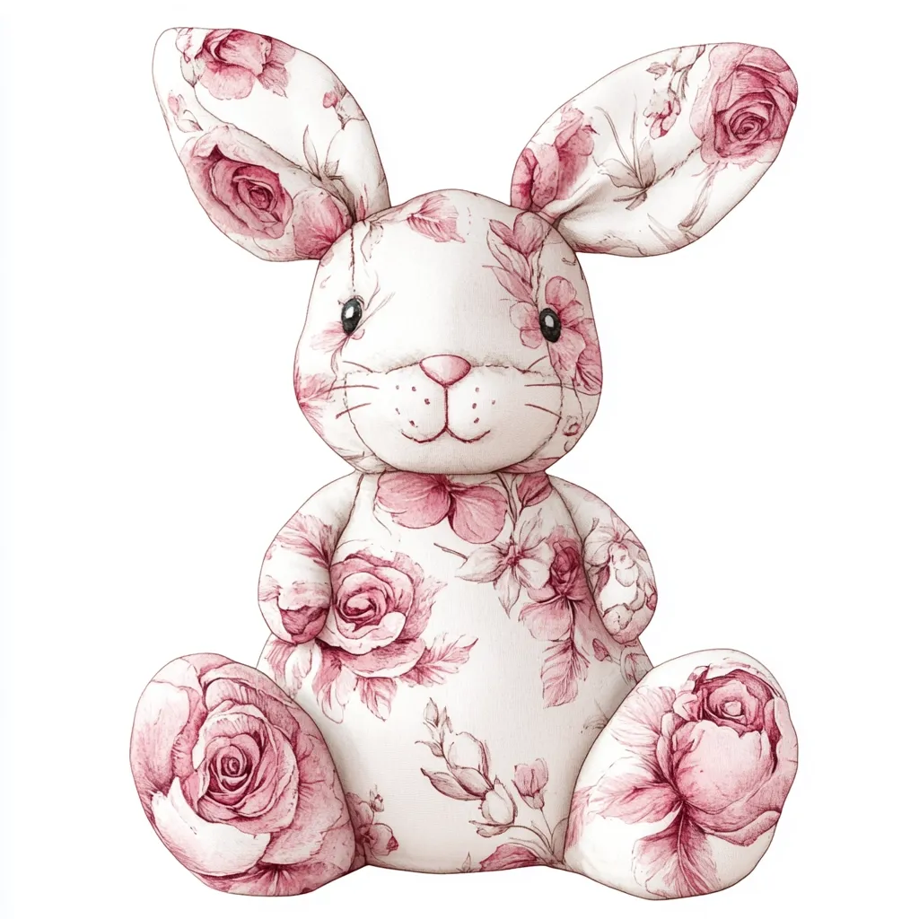 A charming illustration of a plush bunny rabbit.  The rabbit is depicted sitting, its body and long ears covered in a delicate, cream-colored fabric adorned with a repeating pattern of blush pink roses and floral details. The bunny has stitched details for eyes, nose, and mouth, giving it a sweet and endearing expression. The overall style is soft, whimsical, and reminiscent of vintage children's toys.