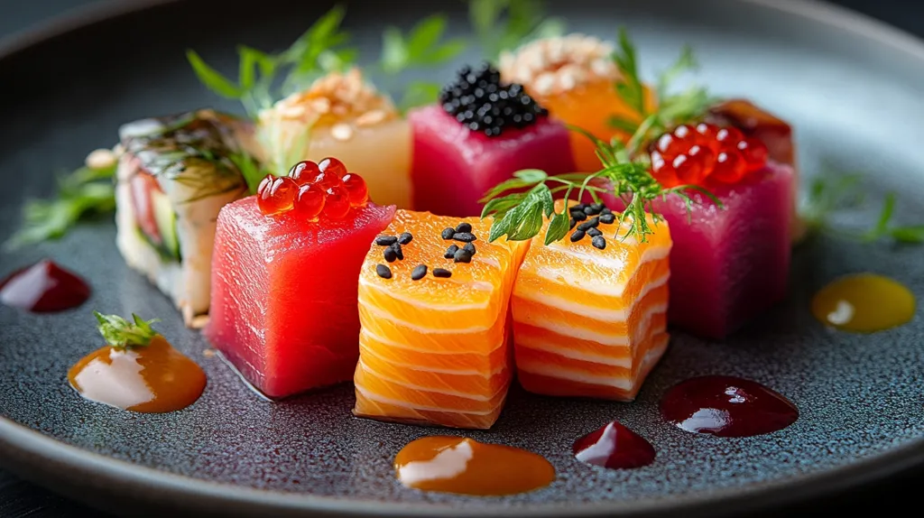 An elegant presentation of sushi features vibrant cubes of tuna, salmon, and other fish, artfully arranged on a dark grey plate.  Each cube is topped with various garnishes like caviar, sesame seeds, and microgreens.  Accompanying sauces in dots add a final touch of color and sophistication to this visually appealing dish.