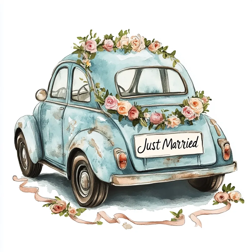 A charming watercolor illustration depicts a vintage light-blue car, adorned with a garland of pastel roses and a "Just Married" sign.  The car is slightly weathered, adding to its rustic charm.  Delicate pink ribbons trail behind, completing the idyllic newlywed getaway scene.  The style is romantic and whimsical, perfect for wedding invitations or stationery.