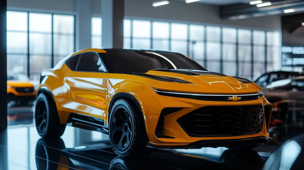 A vibrant yellow Chevrolet concept car, possibly an SUV or crossover, is showcased in a modern showroom.  Its sleek design features a low profile, large wheels, and aggressive front fascia.  The car is sharply lit, highlighting its glossy paint and detailing. The background is blurred, focusing attention on the vehicle.  Other cars are visible but out of focus in the background.