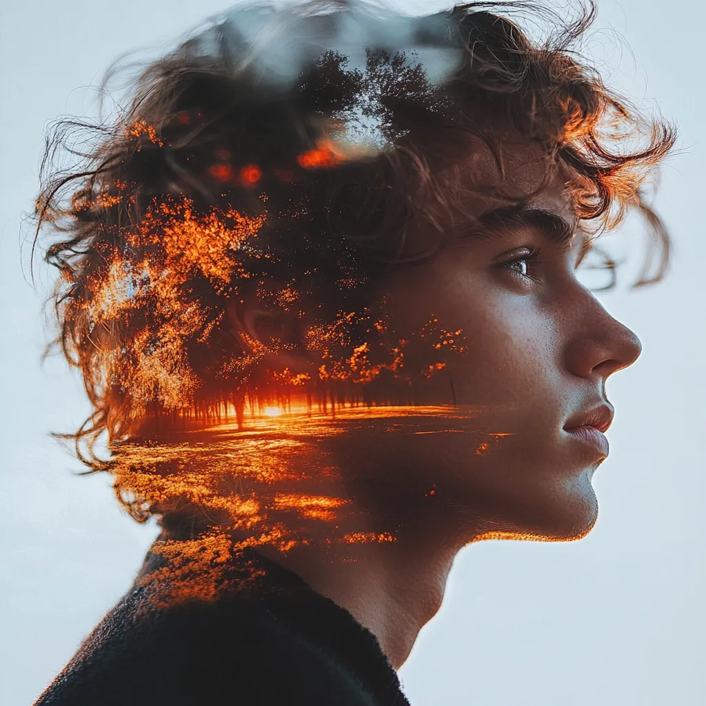 A profile shot of a young man with curly brown hair.  A double exposure effect overlays a fiery sunset landscape within his head and shoulders, creating a surreal and evocative image.  The warm tones of the sunset contrast with the cool tones of the sky, emphasizing the merging of the natural world and the human form.  The overall mood is one of introspection and connection with nature.