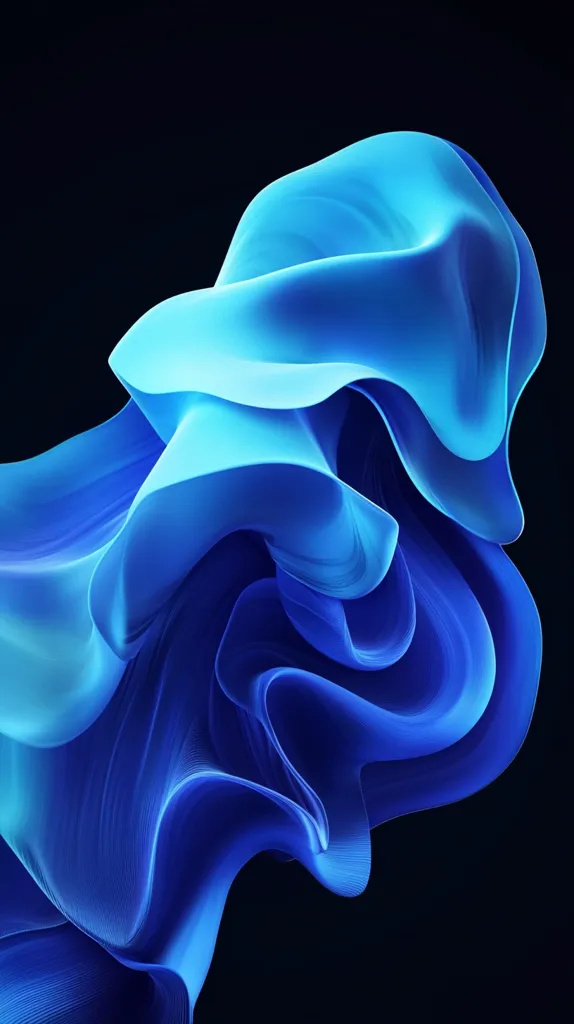 An abstract image showcases a dynamic, flowing form resembling a fabric or liquid.  Shades of deep blue and lighter cyan create a gradient effect within the swirling, sculpted shape. The form is set against a stark black background, enhancing its vibrant color and intricate details. The overall impression is one of movement and fluidity.