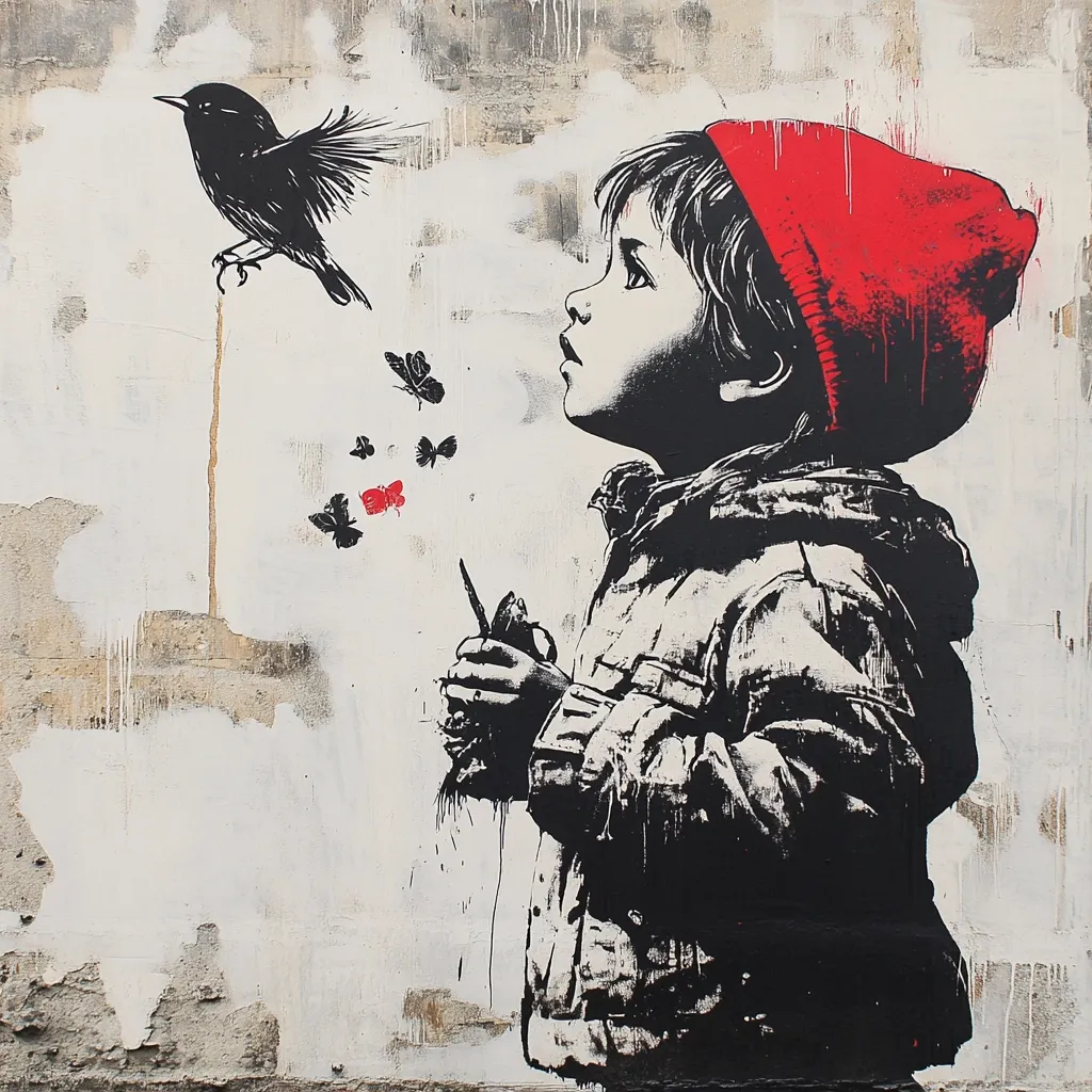 A striking black and white stencil graffiti artwork depicts a child in a red beanie, gazing upward.  The child holds a small bird in their hands, from which red and black butterflies seem to emanate.  A larger black bird is perched above, adding to the whimsical, slightly melancholic scene. The style is reminiscent of street art, with a textured background suggesting a weathered wall.