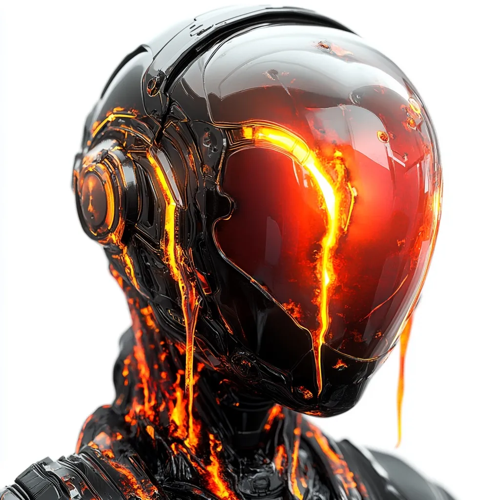 A close-up reveals a futuristic helmet, seemingly crafted from obsidian or a similar dark material.  Intricate, glowing orange lines, reminiscent of molten lava, course through the helmet's surface and drip down the neck and shoulders of the figure, creating a striking contrast against the dark, sleek armor.  The helmet's visor reflects an inner fiery glow, adding to the overall dramatic and intense visual effect.