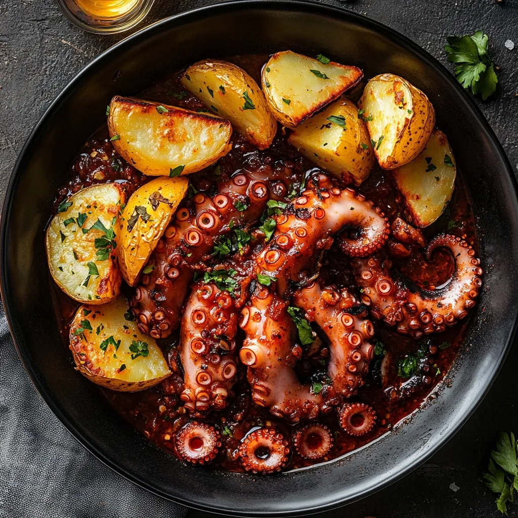 A dark bowl overflows with a rich, reddish-brown stew featuring tender octopus.  The octopus is cooked until succulent, glistening with a flavorful sauce.  Surrounding the octopus are golden-brown roasted potato wedges, seasoned and glistening with herbs.  Fresh parsley adds a vibrant green accent to the dish.  The overall presentation is visually appealing and suggests a hearty, savory meal.