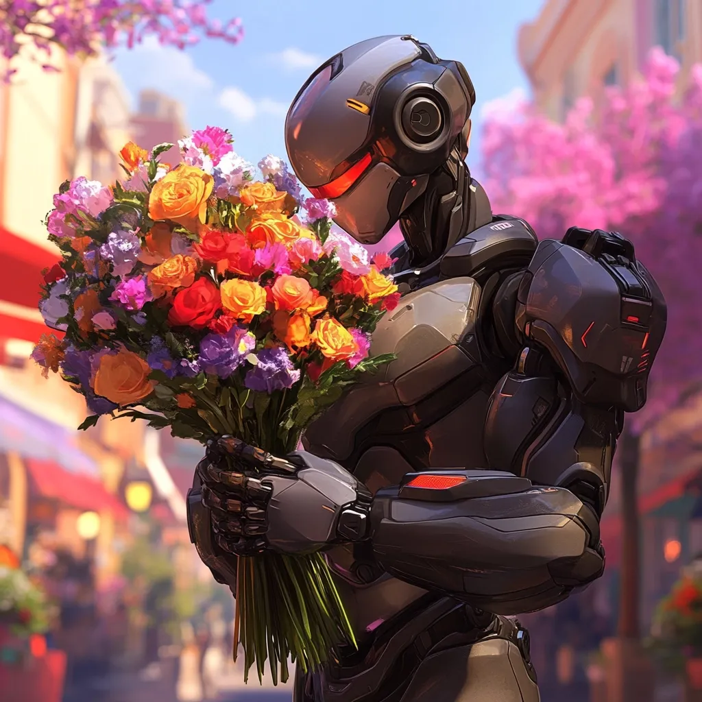 A futuristic robot, clad in dark grey armor with red accents, gently holds a vibrant bouquet of multicolored roses and wildflowers.  The robot's helmet is lowered, obscuring its face, but its mechanical hands carefully cradle the blossoms. The backdrop is a softly focused, idyllic cityscape with blooming pink trees, suggesting a peaceful, perhaps romantic, setting.