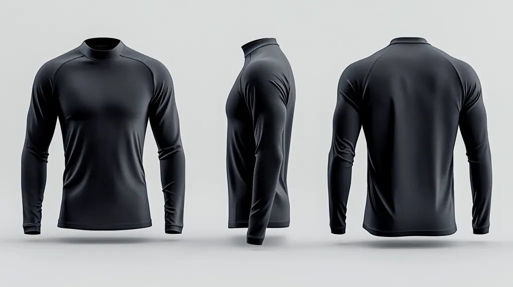 The image shows three views of a black long-sleeved mock neck shirt.  The shirt is shown from the front, side, and back, highlighting its form-fitting design and raglan sleeves.  The fabric appears smooth and the color is a consistent, dark black. The shirt is presented on a light gray background, emphasizing its clean, minimalist style.