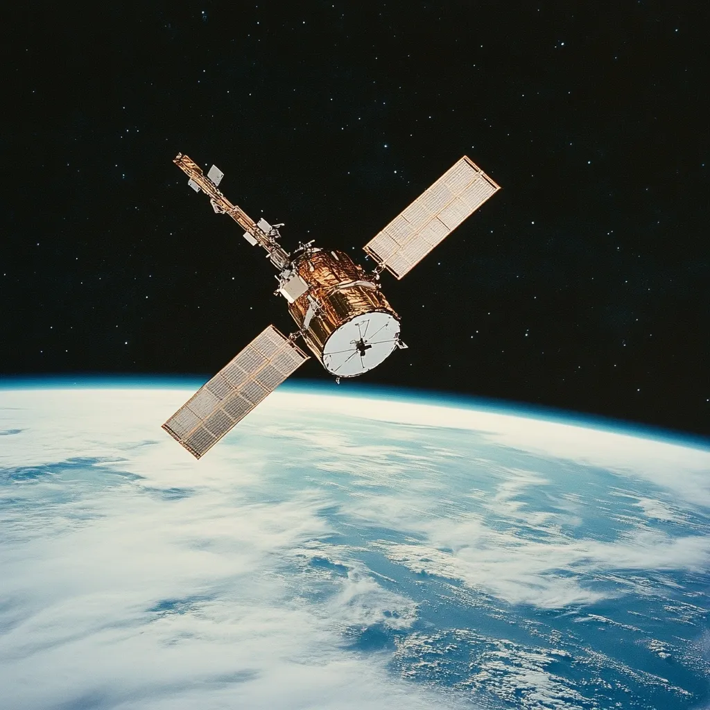 A satellite, gold in color with large solar panels, orbits Earth.  The planet's curved surface, with its swirling cloud formations, is visible in the background against the backdrop of the dark, star-studded space. The satellite appears technologically advanced and is positioned slightly angled towards the viewer.