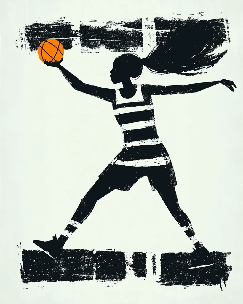 A stylized black and white illustration depicts a female basketball player in motion.  She's mid-stride, her hair flowing behind her, reaching to catch or pass a basketball.  The style is bold and graphic, with a textured background resembling painted brushstrokes. The player is wearing a striped jersey and shorts, conveying a dynamic sense of energy and athleticism.