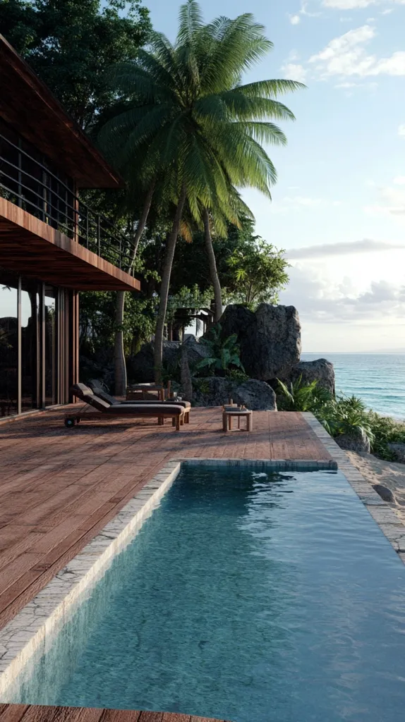 A modern, wooden beachfront house boasts a stunning infinity pool overlooking the ocean.  Palm trees frame the scene, adding to the tropical paradise feel.  Two lounge chairs are positioned on the expansive deck, perfect for relaxation.  The home's design is sleek and minimalist, complementing the natural beauty of its surroundings. The tranquil ocean and clear sky create a serene atmosphere.