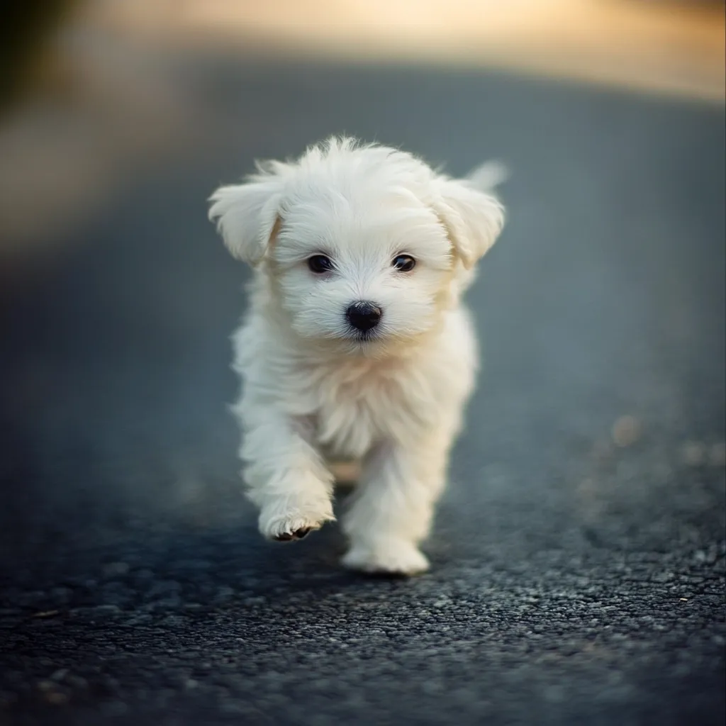 An adorable fluffy white puppy, possibly a Maltese, trots towards the camera on a dark asphalt road. Its fur is incredibly soft-looking, and its dark eyes are captivating.  The puppy's small paws are delicately placed as it walks, creating a charming and heartwarming image. The background is blurred, drawing focus to the cute pet.