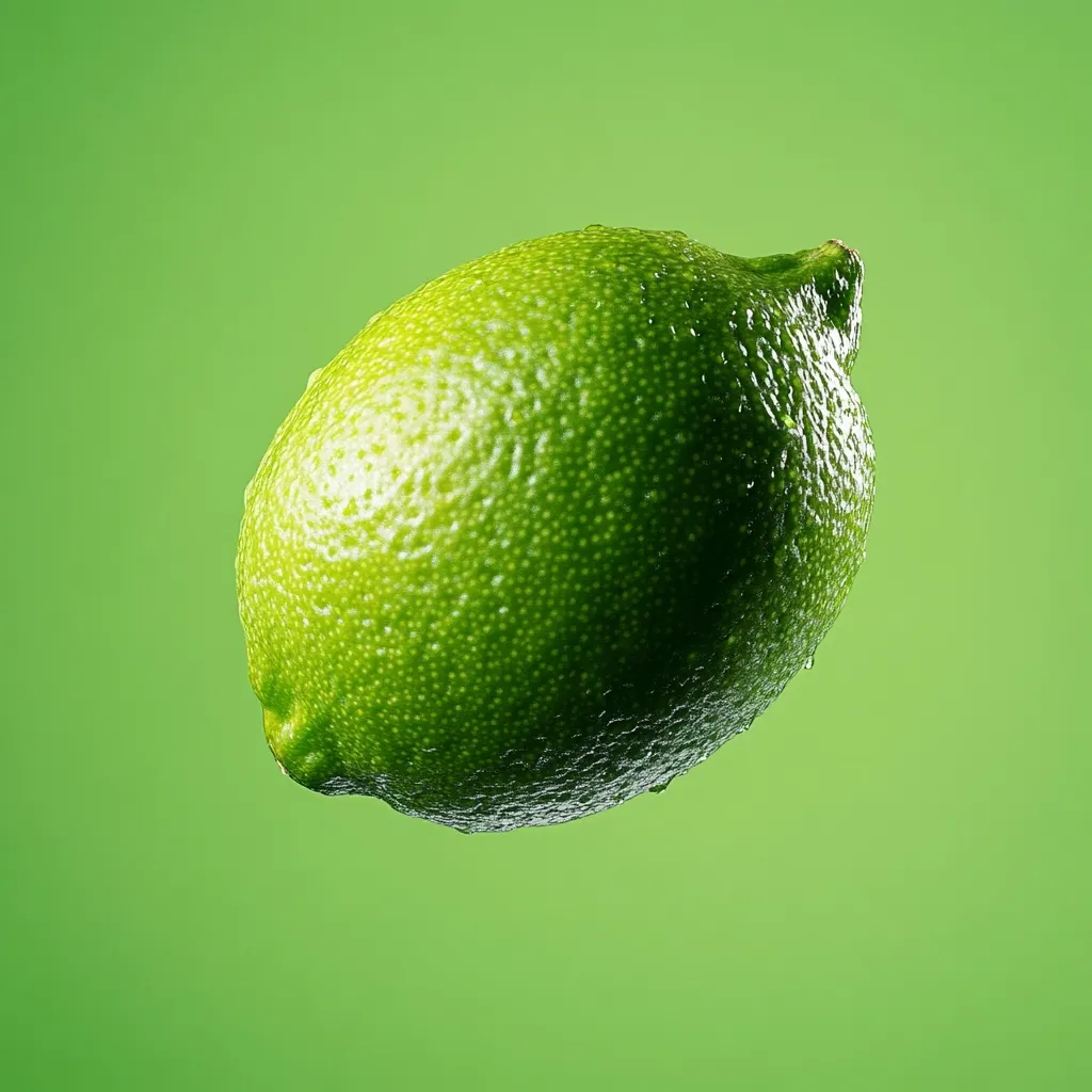 A single, vibrant green lime is suspended against a matching green backdrop.  Water droplets cling to its textured skin, highlighting its freshness. The lime is positioned slightly off-center, creating a visually appealing composition. The image is sharply focused, emphasizing the lime's details and juicy appearance.