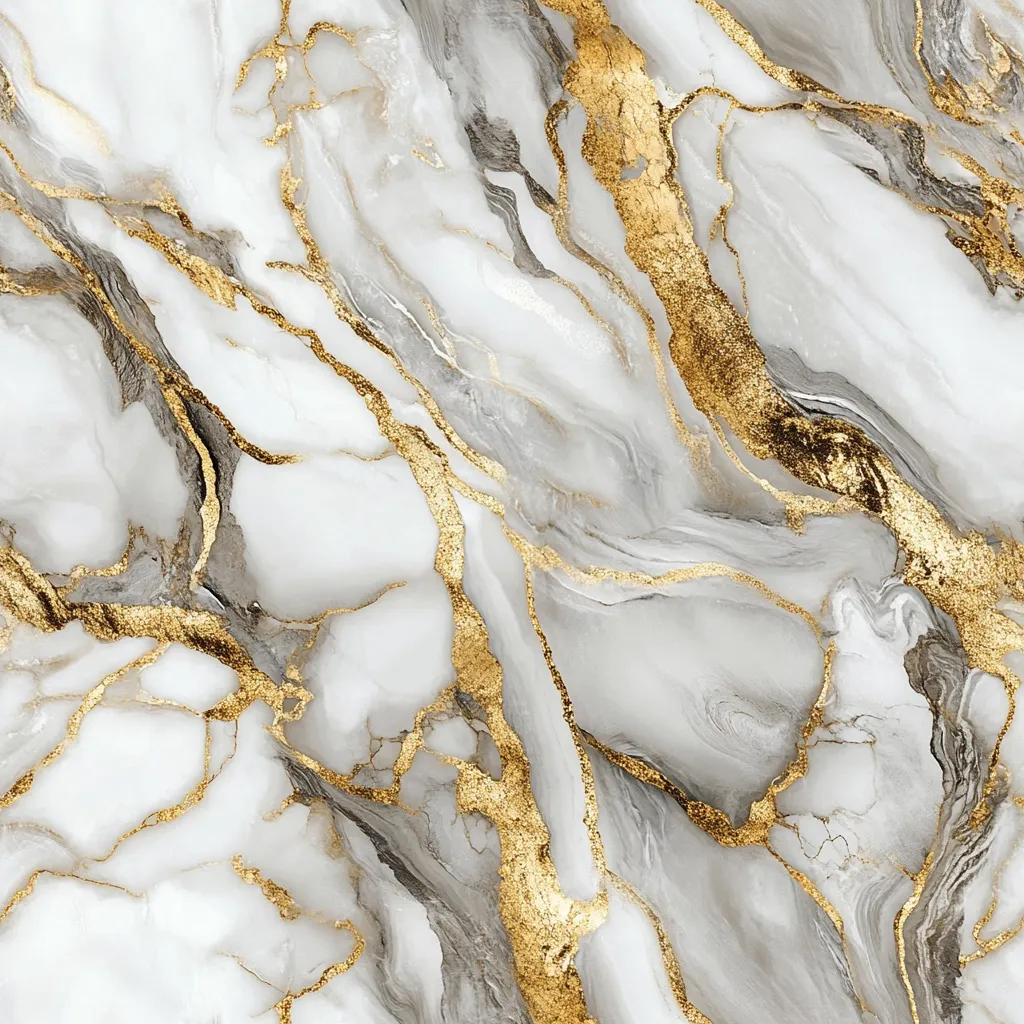 The image showcases a luxurious marble texture in shades of white and grey, intricately veined with shimmering gold accents. The gold appears as thin, elegant lines and delicate splotches, contrasting beautifully against the cool tones of the marble. The overall effect is one of opulence and sophistication, suggesting high-end design or decor.  The veining is dynamic and fluid, creating a visually appealing and rich pattern.