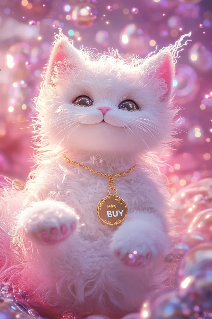 A fluffy white kitten, adorned with a golden necklace bearing a "BUY" charm, sits amidst a dreamy, pink, bubble-filled background.  Its expression is sweet and innocent. The image is digitally created, with a soft, ethereal quality enhancing the kitten's adorable appearance.  The overall aesthetic is whimsical and charming.