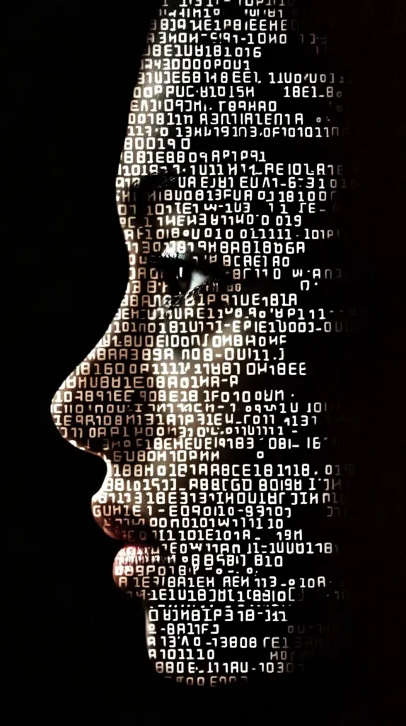 A stylized female face is formed from lines of computer code.  The profile view is partially obscured by the dense text, suggesting the merging of human identity and digital data.  The dark background contrasts with the light-colored code, creating a striking visual effect that alludes to themes of digital identity, data privacy, or artificial intelligence.