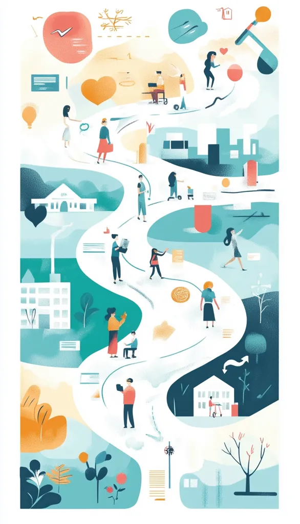 A vibrant illustration depicts a winding path showcasing diverse individuals engaged in various activities. The path meanders through buildings, parks, and symbolic elements like hearts and light bulbs.  People work, play, learn, and interact, suggesting a journey of personal growth and community engagement within a stylized, whimsical environment. The overall tone is optimistic and emphasizes human connection.