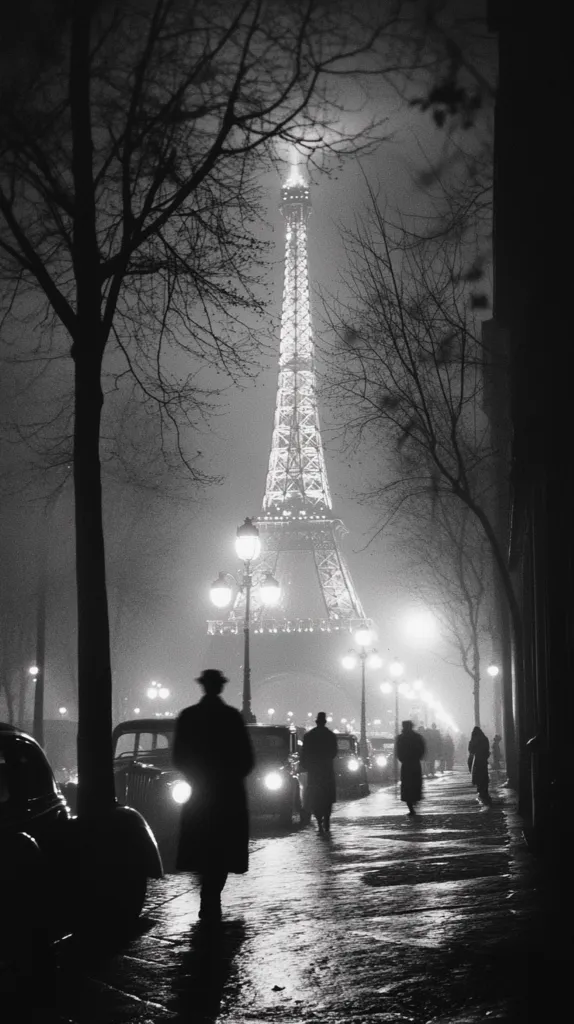 A nighttime black and white photograph shows the Eiffel Tower illuminated in Paris.  Silhouetted figures walk along a rain-slicked street lined with trees and streetlights.  Cars are parked along the curb, their headlights reflecting on the wet pavement.  The overall mood is one of quiet elegance and nocturnal mystery.
