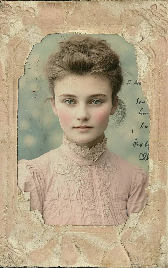A sepia-toned portrait of a young girl, possibly from the early 20th century. She has light skin, fair hair styled in an updo, and wears a light pink dress with lace detailing at the collar.  The photo is presented in a distressed, aged frame with visible cracks and tears, adding to its antique feel. Handwritten text is partially visible on the photo's edge. The overall effect evokes a nostalgic and sentimental feeling.