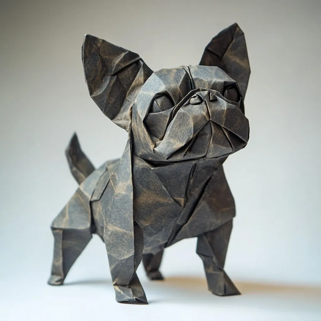 A meticulously crafted origami French Bulldog stands proudly.  The dark, textured paper folds create a realistic representation of the breed's characteristic features, including its short muzzle, erect ears, and compact body. The intricate details showcase the artist's skill in paper folding.  The model is positioned dynamically, giving it a sense of life and energy.